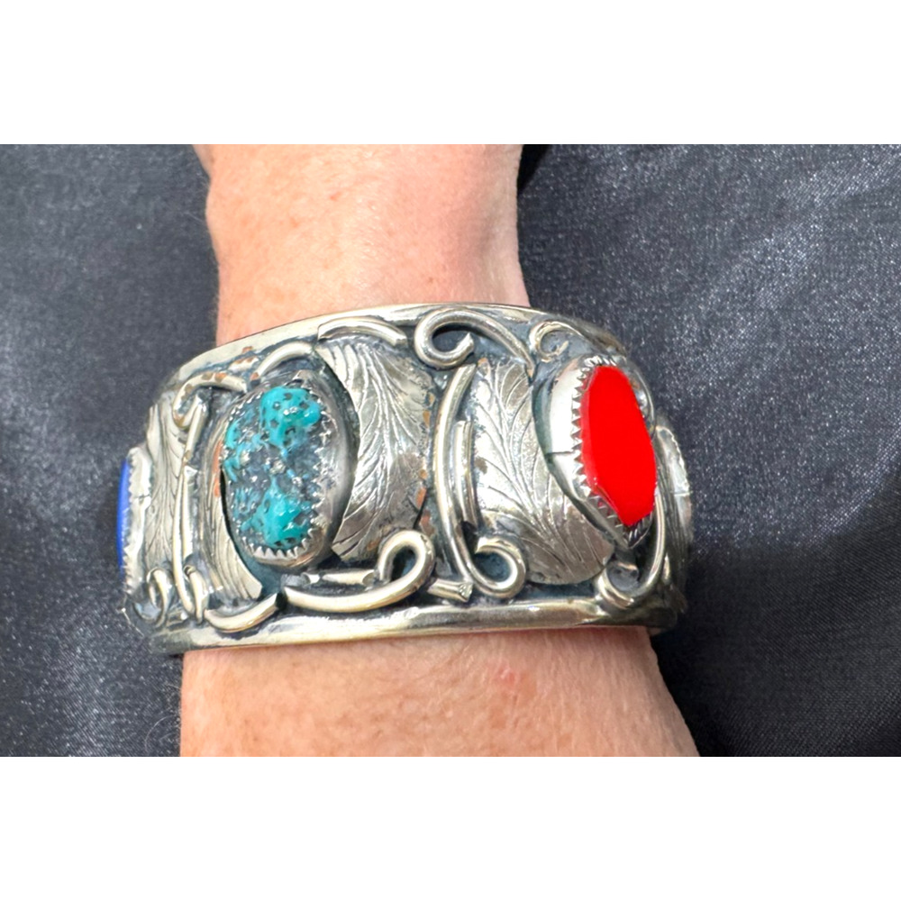 Large Southwestern Cuff Bracelet Nickel Silver Multi Stones Turquoise Chunky Vtg